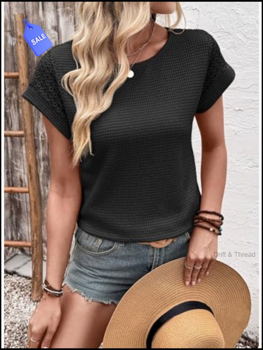 Waffle Knit Lace Sleeve T-Shirt Crewneck Summer Top Loose Fit Blouse - Picture 3 of 7